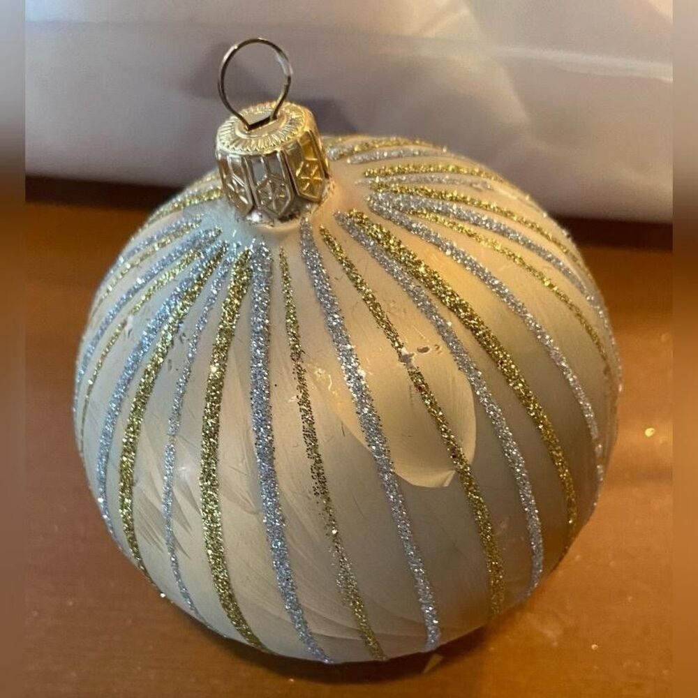 Vintage White Glass Christmas Bauble Medium Glitter Stripe Ornament Decor 3.5"